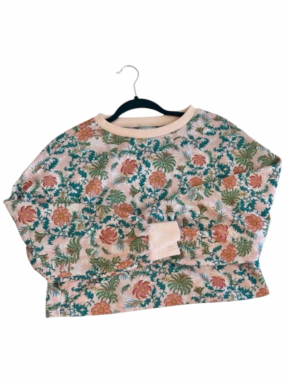 Retro Floral Jacquard Knit Sweatshirt Botanical Print Peach Green S M